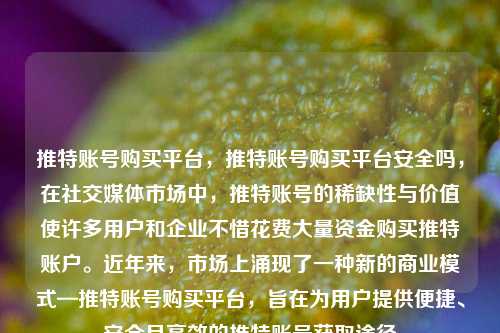 推特账号购买平台	，推特账号购买平台安全吗，在社交媒体市场中，推特账号的稀缺性与价值使许多用户和企业不惜花费大量资金购买推特账户	。近年来	，市场上涌现了一种新的商业模式—推特账号购买平台，旨在为用户提供便捷、安全且高效的推特账号获取途径  第1张